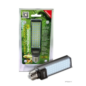 Tropical Plant Growth LED bulb in packaging with jungle green background and a separate LED module.