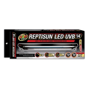 Packaging for Zoo Med ReptiSun LED UVB 14" terrarium hood with LED lights and timer icons.