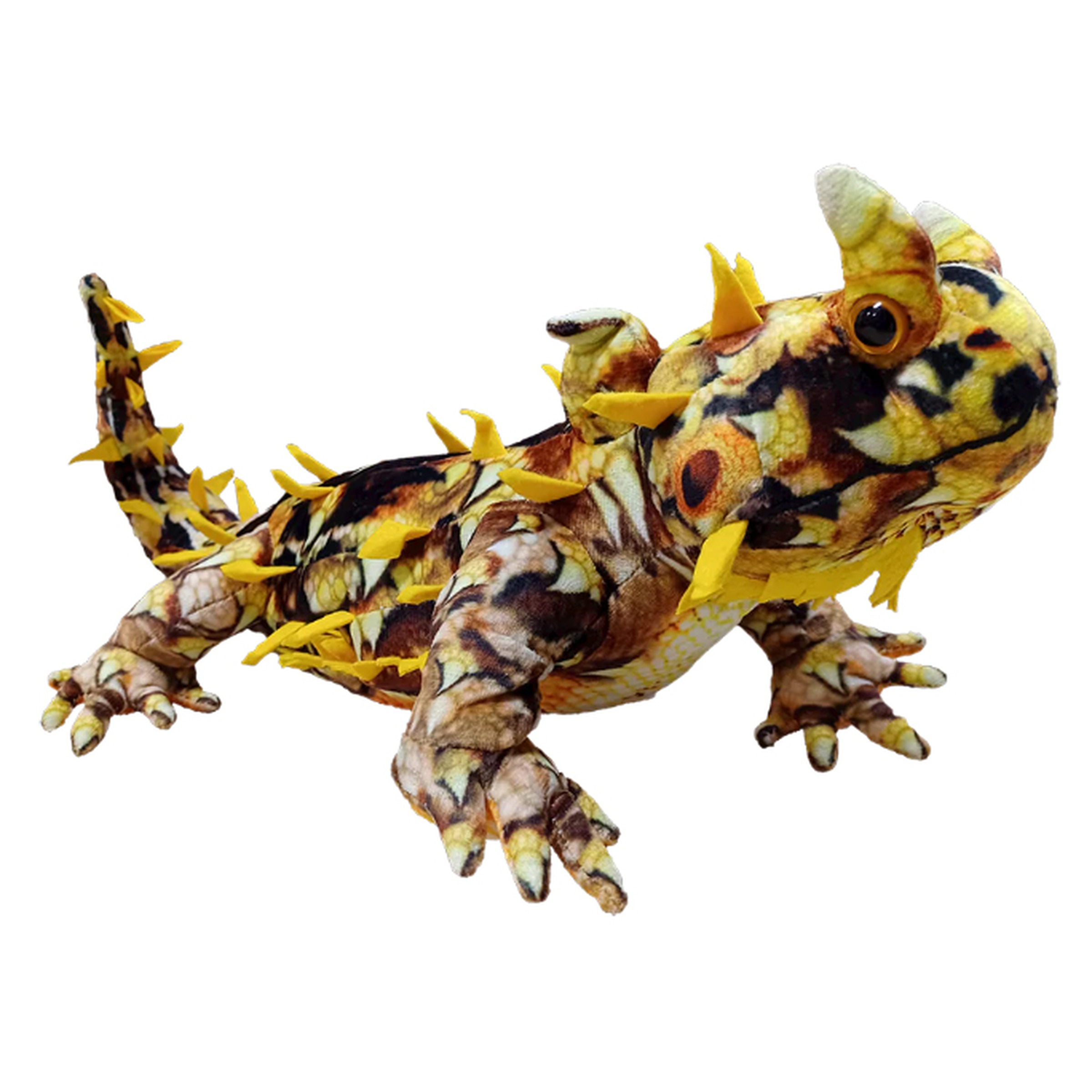 Colorful, spiky yellow-brown lizard with large claws and bright eyes in a crawling pose.
