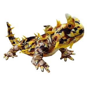 Colorful, spiky yellow-brown lizard with large claws and bright eyes in a crawling pose.