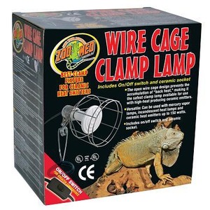 Box for Zoo Med Wire Cage Clamp Lamp with ceramic socket; shows a lizard and clamp lamp illustration.