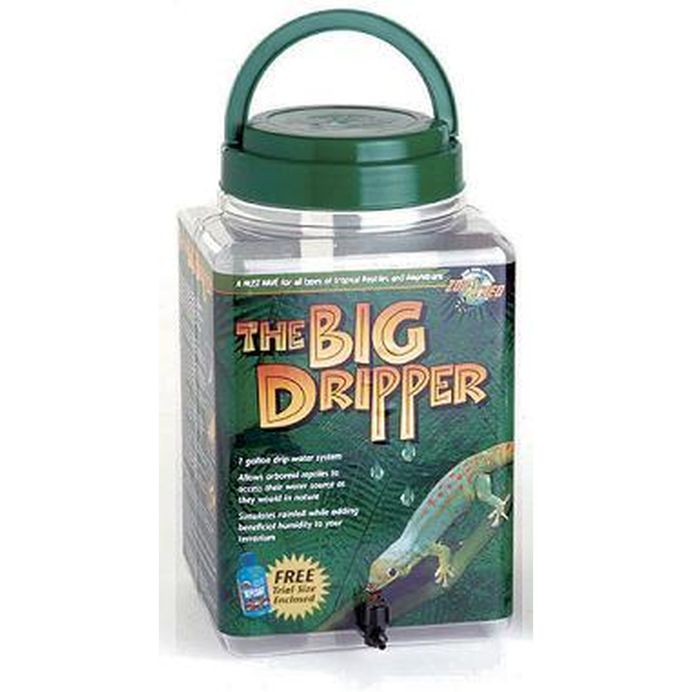 Clear plastic container with green lid and handle labeled “The Big Dipper,” spigot at bottom and aquatic artwork.