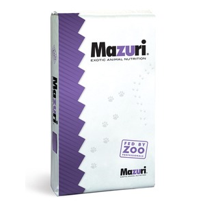 Mazuri exotic animal nutrition bag with a purple zigzag seam, faint paw prints, and a "Feed by Zoo Professionals" stamp.