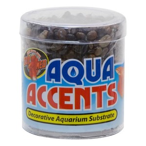 Small clear jar labeled Aqua Accents decorative aquarium substrate containing dark brown pebbles.