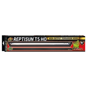 Packaging for Reptisun T5 HO high-output terrarium hood featuring a long light bar and a green chameleon image.