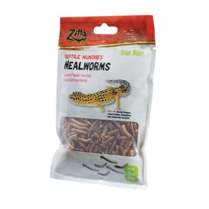 Package of reptile mealworms with a leopard gecko graphic; transparent window reveals mealworms inside.