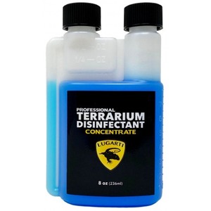 Blue disinfectant in a dual-chamber bottle with a black label reading “Professional Terrarium Disinfectant Concentrate” and a Lugarti shield.