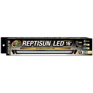 Reptisun LED 16" light bar on packaging with sunrise/sunset timer; 24W, 3400 LM, 5000K.