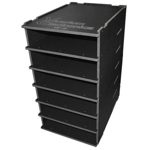 Black six-drawer tool storage cabinet with evenly spaced shelves.
