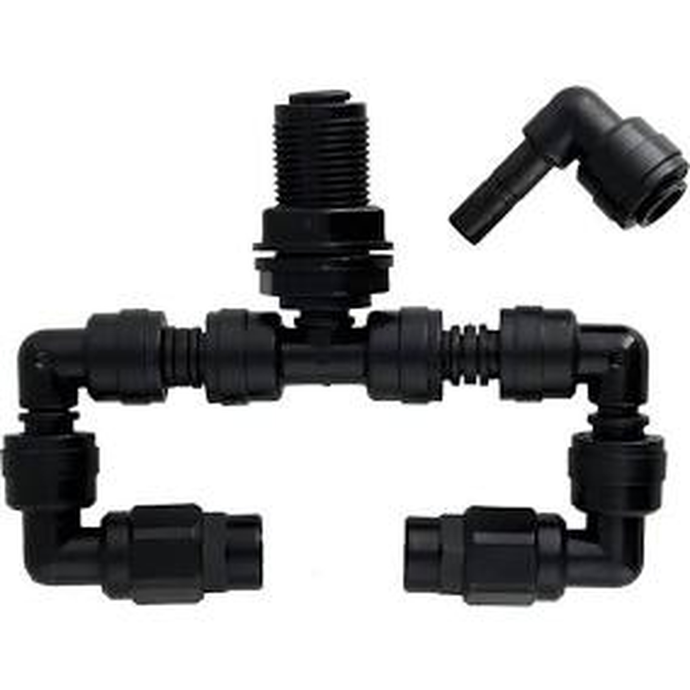 Black plastic irrigation pipe connector with 90-degree elbows, a T-joint, and a vertical barb fitting.