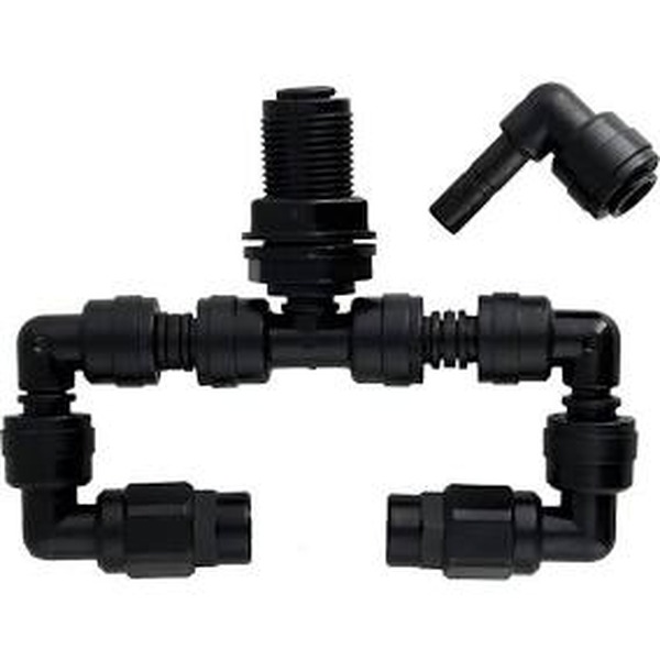 Black plastic irrigation pipe connector with 90-degree elbows, a T-joint, and a vertical barb fitting.