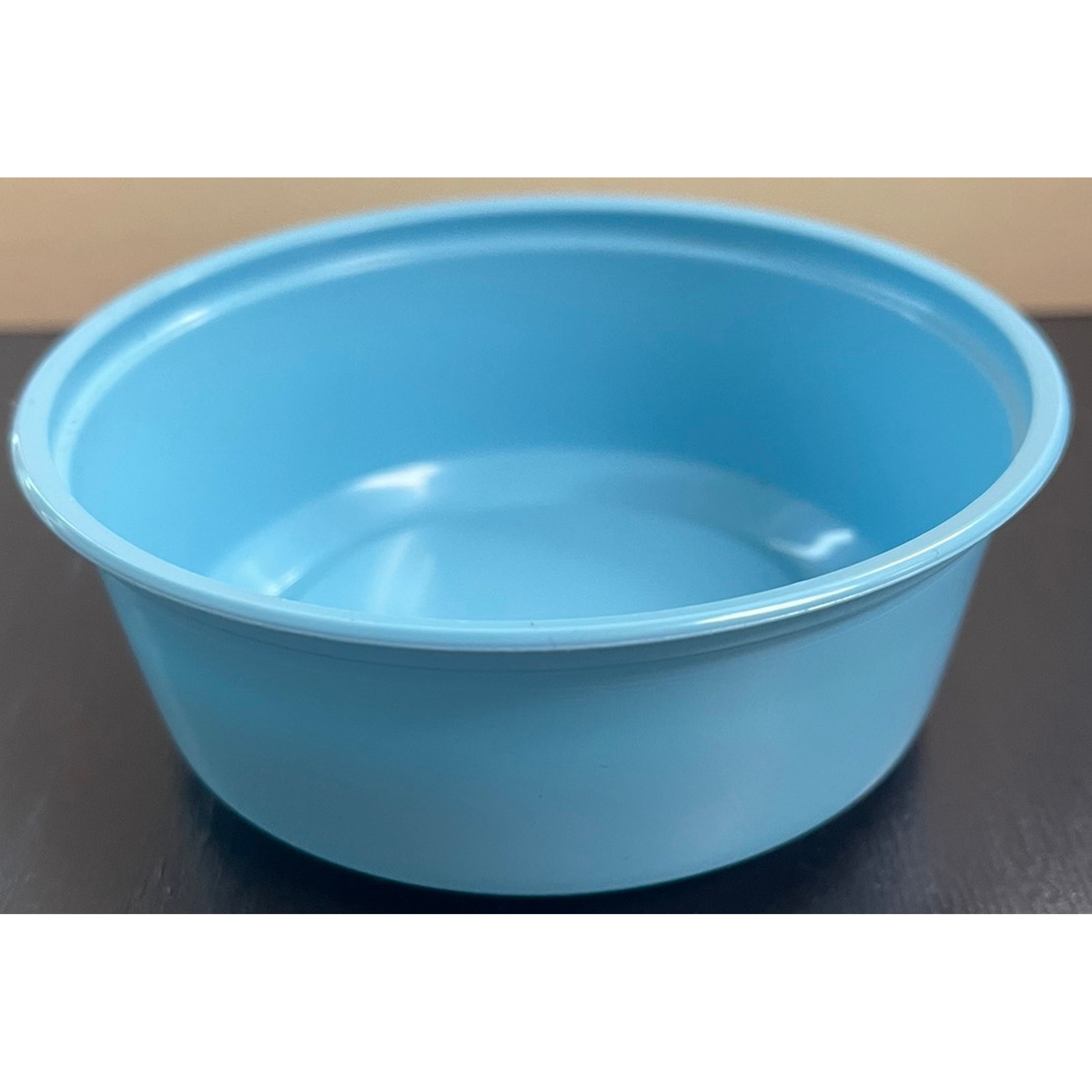 Light blue plastic bowl with a small amount of water inside, sitting on a dark surface.
