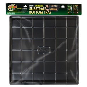 Black plastic reptile substrate bottom tray with a square grid pattern, packaged header on top.