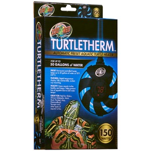 Zoo Med TurtleTherm automatic preset aquatic turtle heater packaging with a digital display and a turtle image.