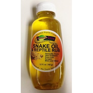 Yellow bottle of Nature Zone Snake Oil & Reptile Rub with white cap and circular label.