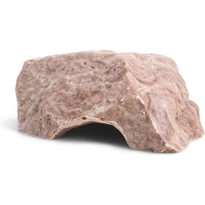 Rugged pinkish rock with a curved hollow opening at the bottom.