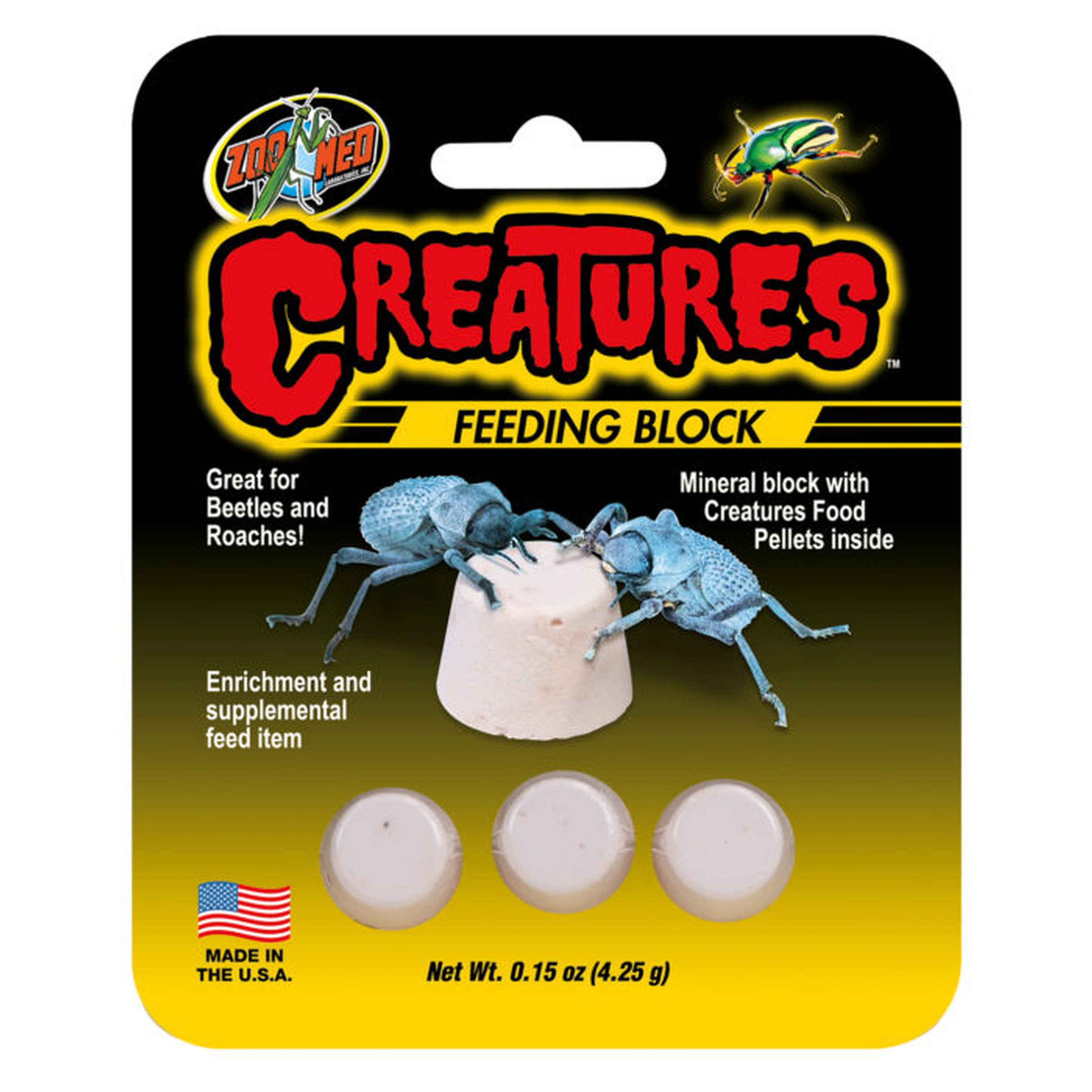Creatures Feeding Block packaging with two blue beetles on a beige feeding plug and three white pellets; USA-made.
