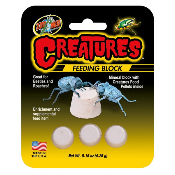 Creatures Feeding Block packaging with two blue beetles on a beige feeding plug and three white pellets; USA-made.