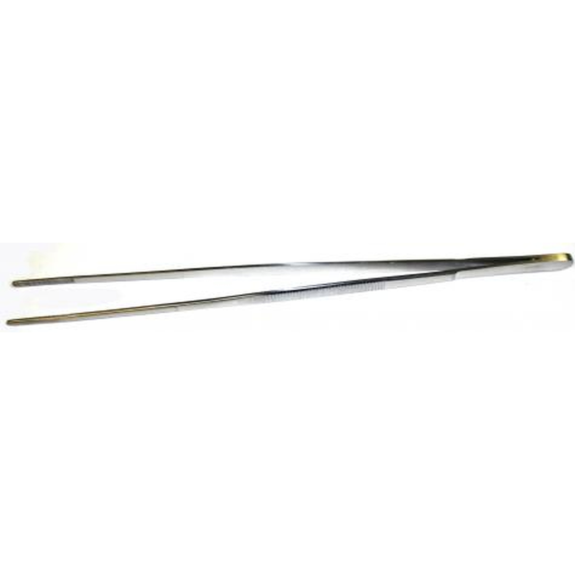 Two long slim metal tweezers with gold-tipped ends lying parallel.
