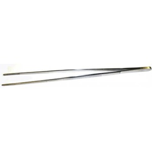 Two long slim metal tweezers with gold-tipped ends lying parallel.