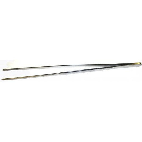 Two long slim metal tweezers with gold-tipped ends lying parallel.