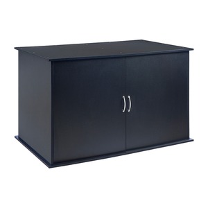 Dark blue two-door storage cabinet with curved silver handles and a flat top.