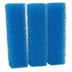 Three blue kitchen scrubbing sponges standing upright.