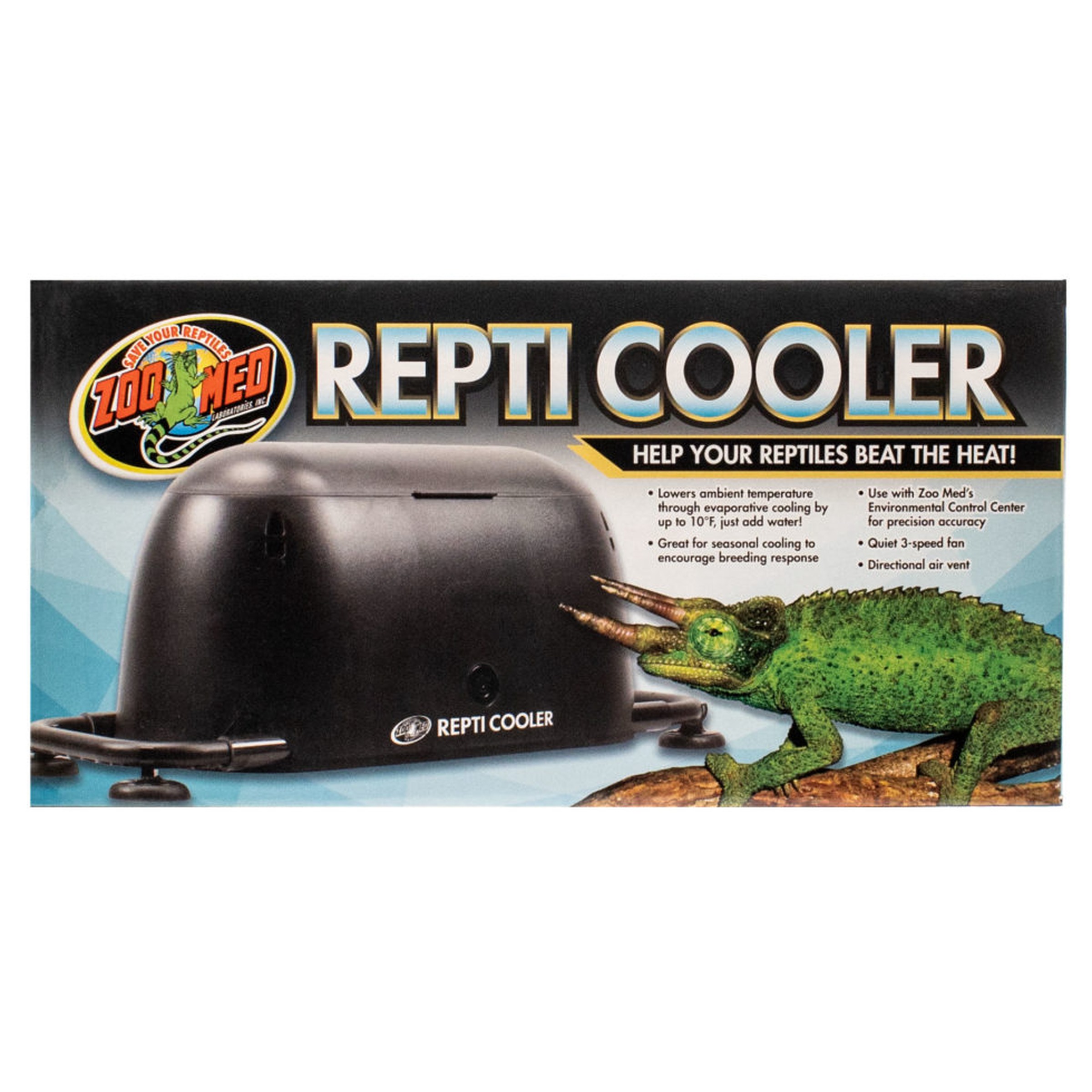 Repti Cooler device with a green chameleon beside it, Zoo Med branding and slogan “Help your reptiles beat the heat.”