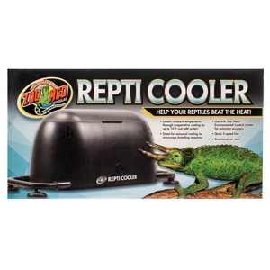 Repti Cooler device with a green chameleon beside it, Zoo Med branding and slogan “Help your reptiles beat the heat.”