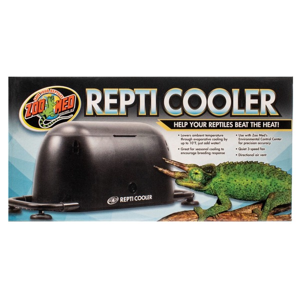 Repti Cooler device with a green chameleon beside it, Zoo Med branding and slogan “Help your reptiles beat the heat.”